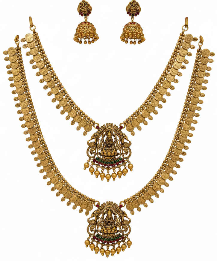 Kasumala Haram set with Lakshmi pendant and Jhumkas.