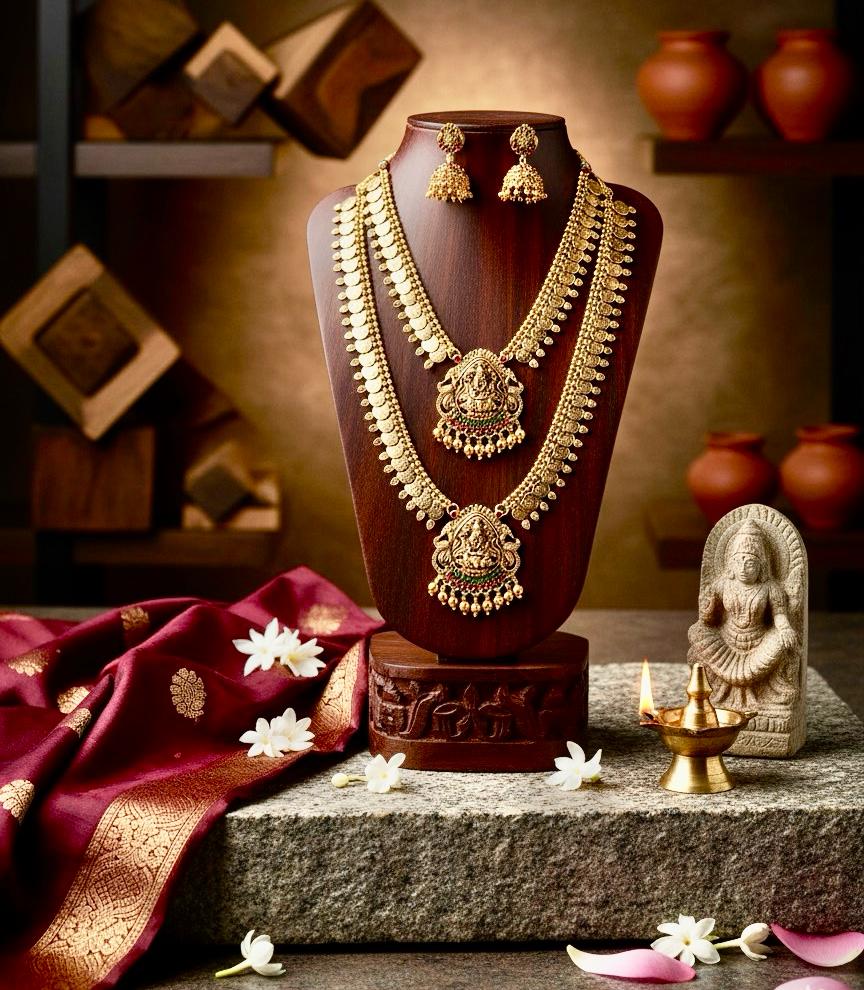 Kasumala Haram set with Lakshmi pendant and Jhumkas.