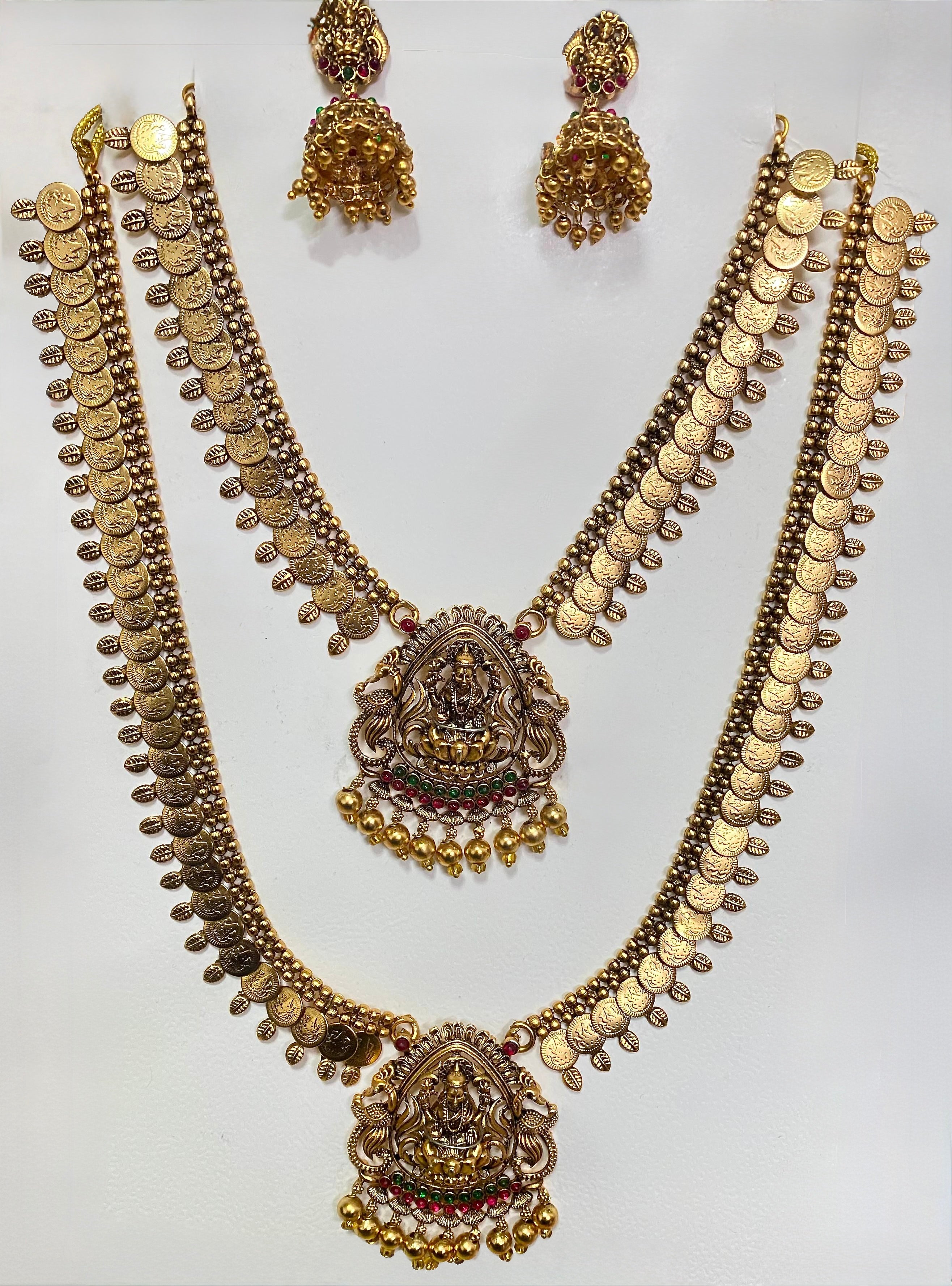 Kasumala Haram set with Lakshmi pendant and Jhumkas.