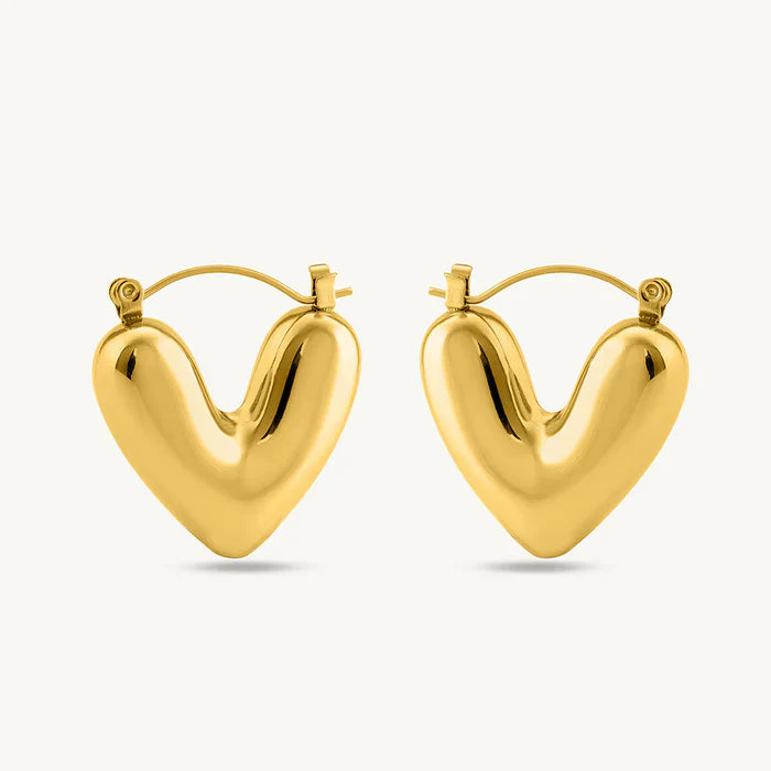 Golden Puff Heart Hoop Earrings-0