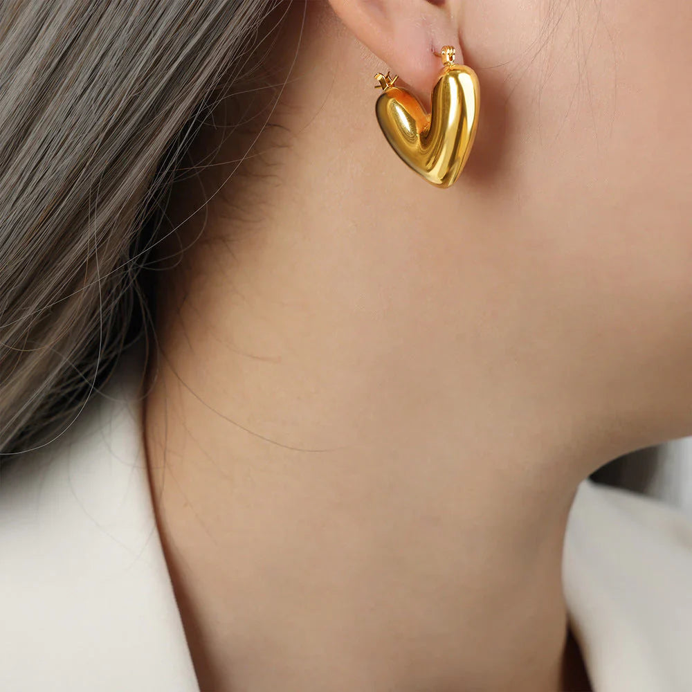 Golden Puff Heart Hoop Earrings-3
