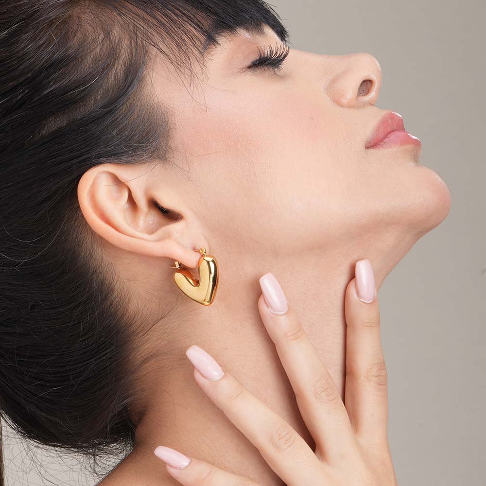 Golden Puff Heart Hoop Earrings-4