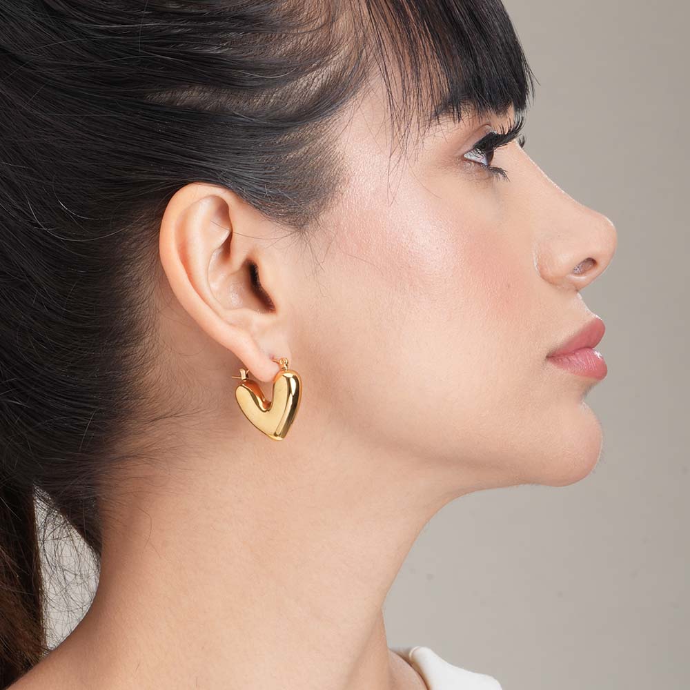 Golden Puff Heart Hoop Earrings-1
