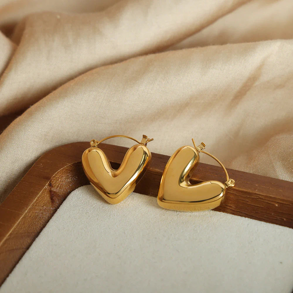 Golden Puff Heart Hoop Earrings-2